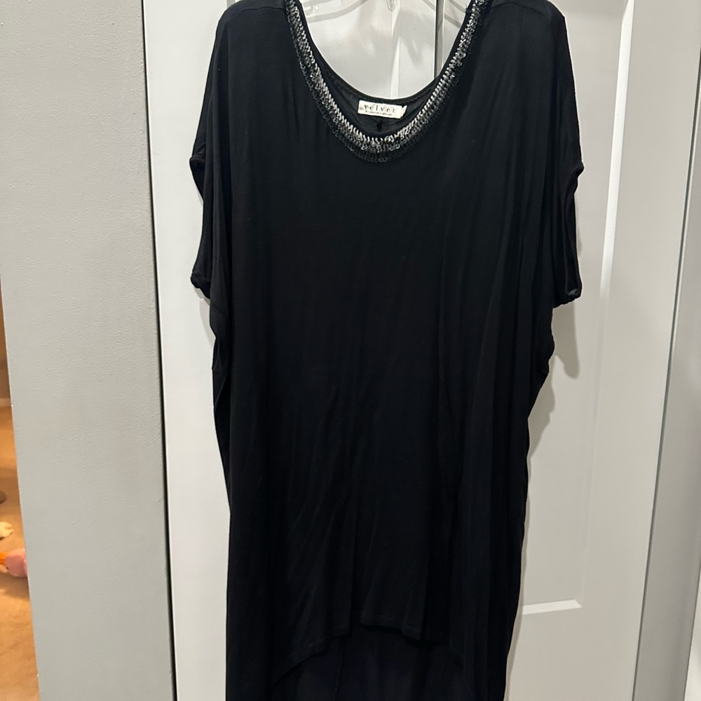 Black Short Sleeve Tunic Dress with Beaded Neckline by Velvet
